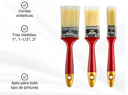 Pack De 3 Brochas Pintor 1 - 1.5 Y 2 Pulg Madera Metal Rojo Bordó