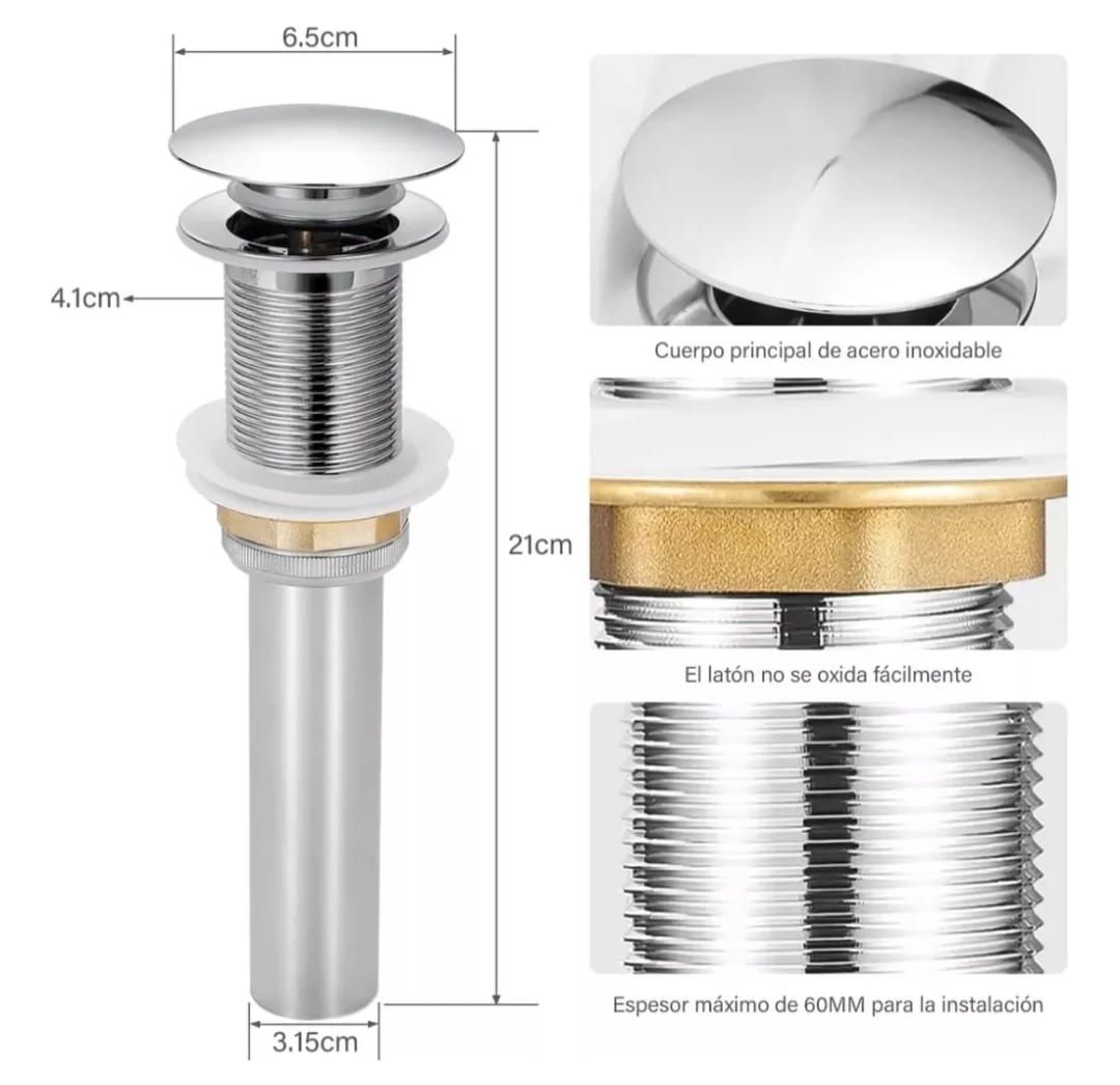 Metal Desague Tapon Contra Push P Lavabo Baño sin Rebalse