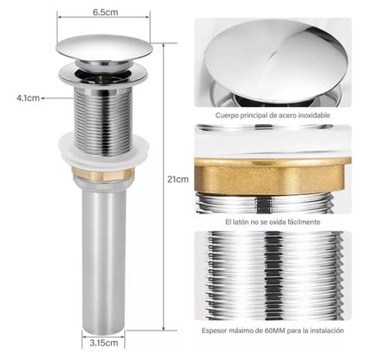 Metal Desague Tapon Contra Push P Lavabo Baño sin Rebalse